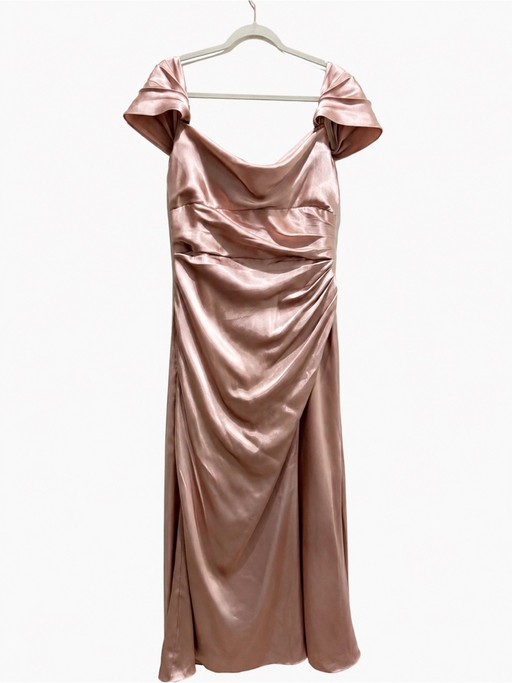 Galina Signature Size 14 Dusty Rose Satin Ruched Formal Maxi Dress